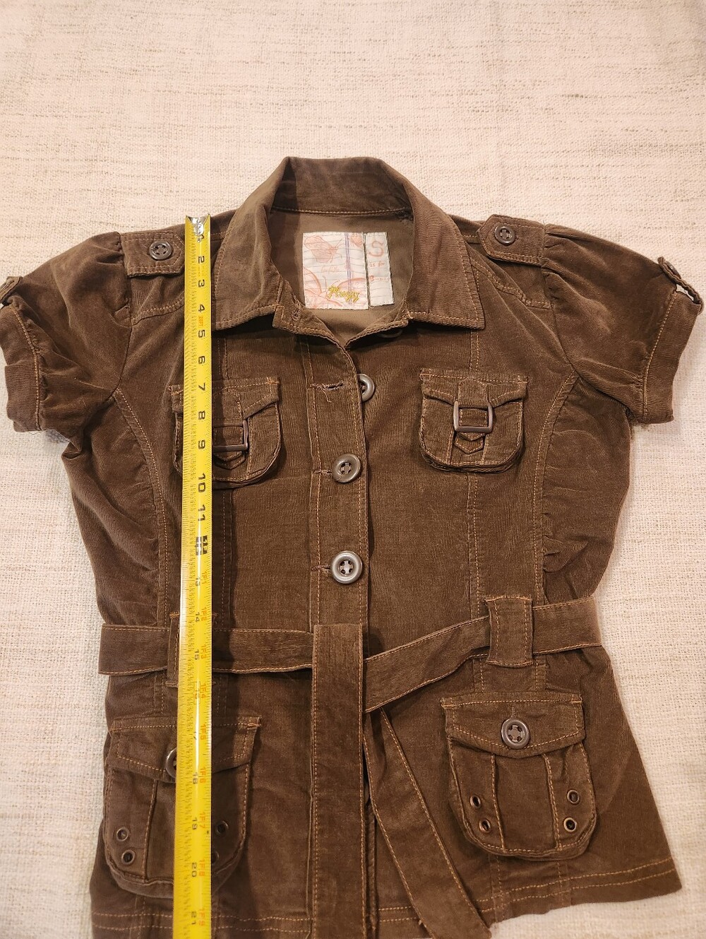 Brown Corduroy Utility Belted Short-Sleeve Jacket - Picture 7 of 8